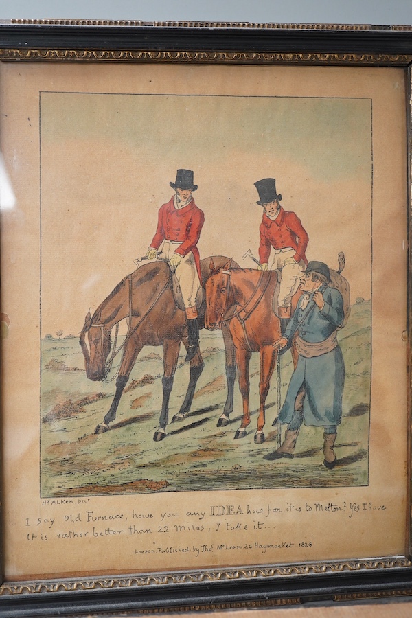 After Henry Thomas Alken (1784-1851), set of six colour prints, Hunting scenes, published by Thomas Mclean, 1826, 27 x 22cm. Condition - fair, discolouration throughout